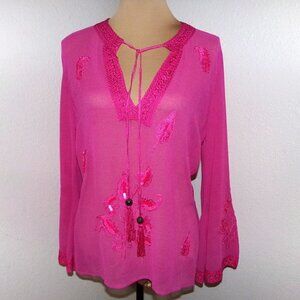 NWT Cami Pink Sheer Embroidered Blouse with Sequins